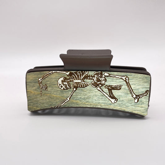 Dancing Skeleton Wood 4 inch Rectangle Hair Clip