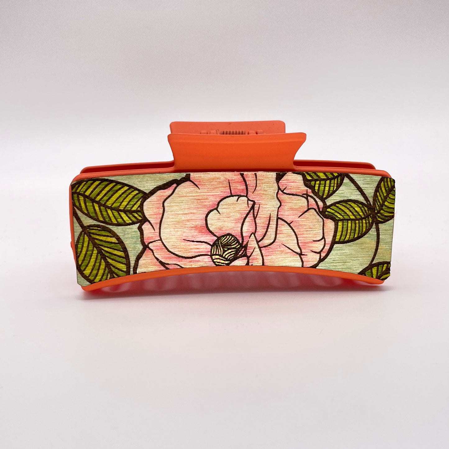 Closeup Flower Wood 4 inch Rectangle Hair Clip