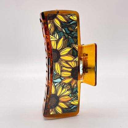 Stained Glass Sunflowers Acrylic 4 inch Rectangle Hair Clip