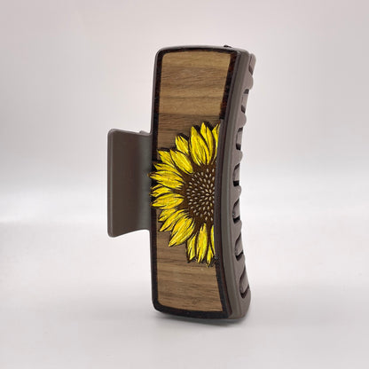 3D Single Half Sunflower Wood 4 inch Rectangle Hair Clip