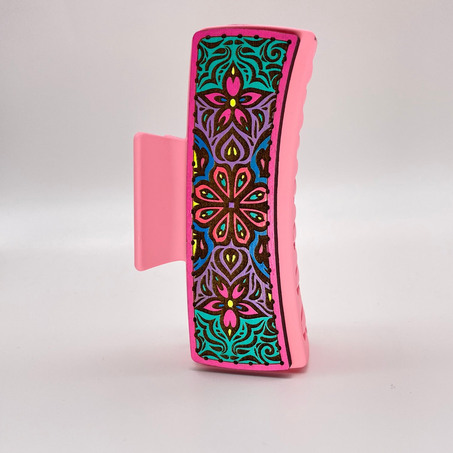 Floral Stained Glass Wood 4 inch Rectangle Hair Clip