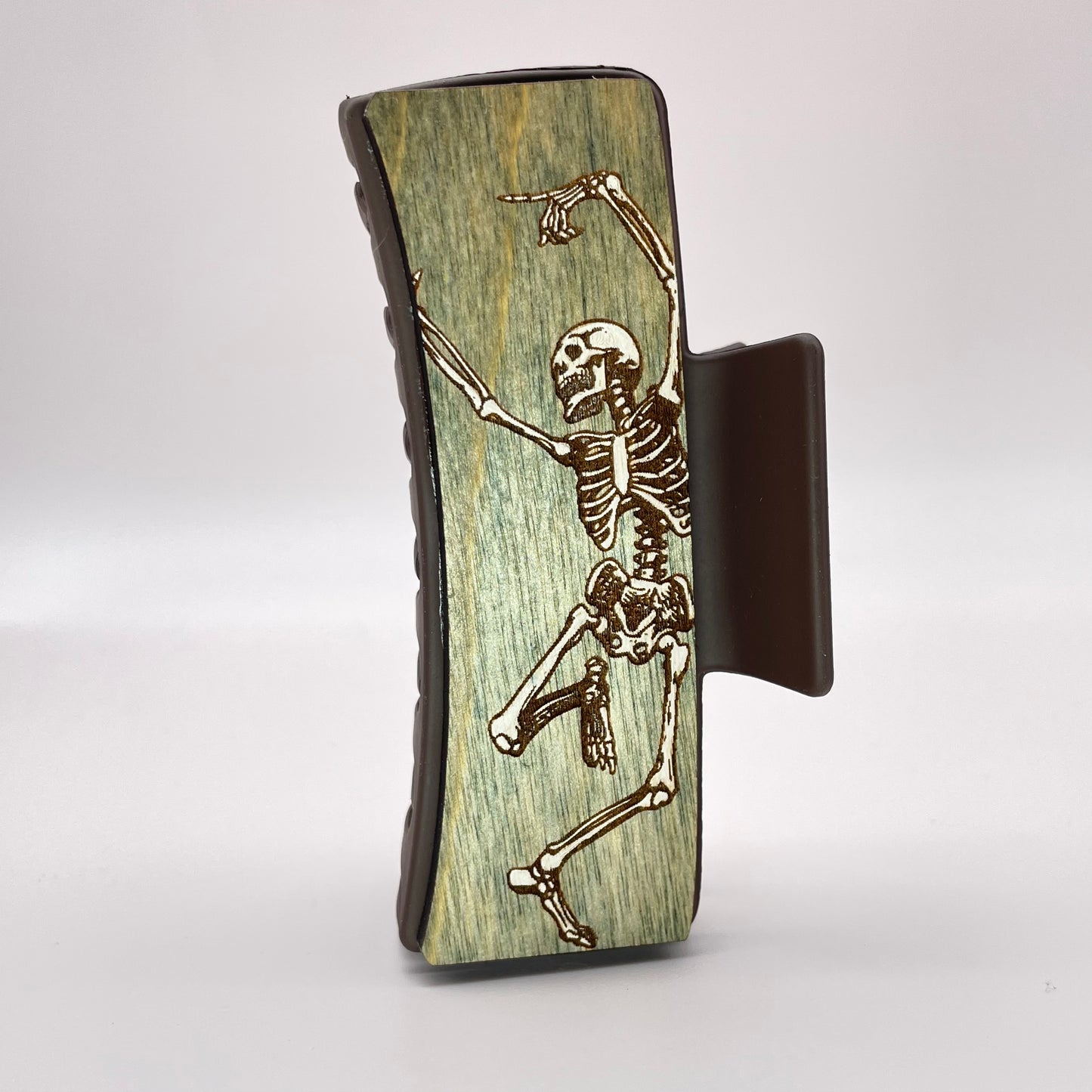 Dancing Skeleton Wood 4 inch Rectangle Hair Clip