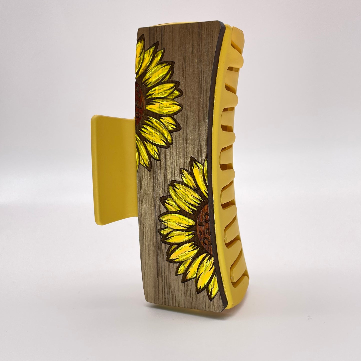 Double Half Sunflower Wood 4 inch Rectangle Hair Clip