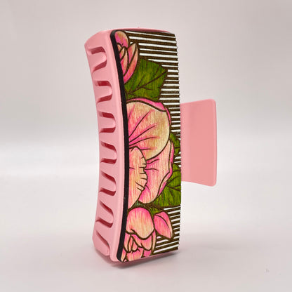 Large Flower with Striped Background Wood 4 inch Rectangle Hair Clip