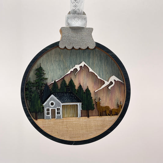 Cabin in the Mountains Layered Wood Ornament