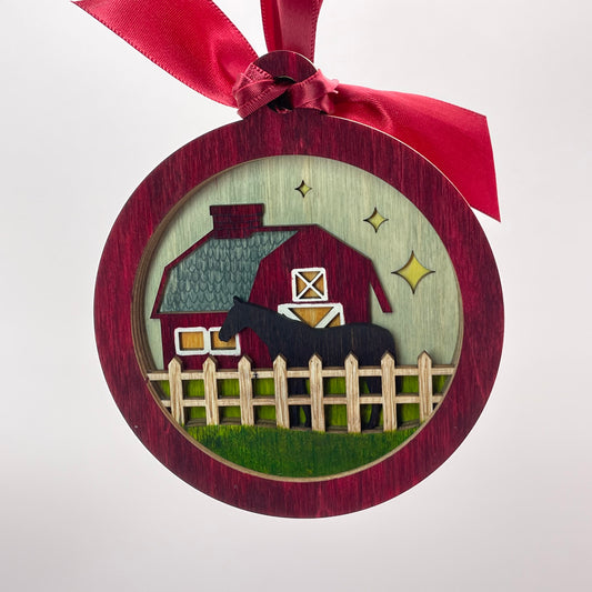 Horse and Barn Layered Wood Ornament