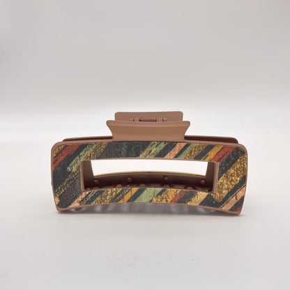 Muted Stripes Cork On Leather 4 inch Rectangle Hair Clip