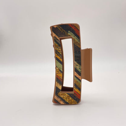 Muted Stripes Cork On Leather 4 inch Rectangle Hair Clip