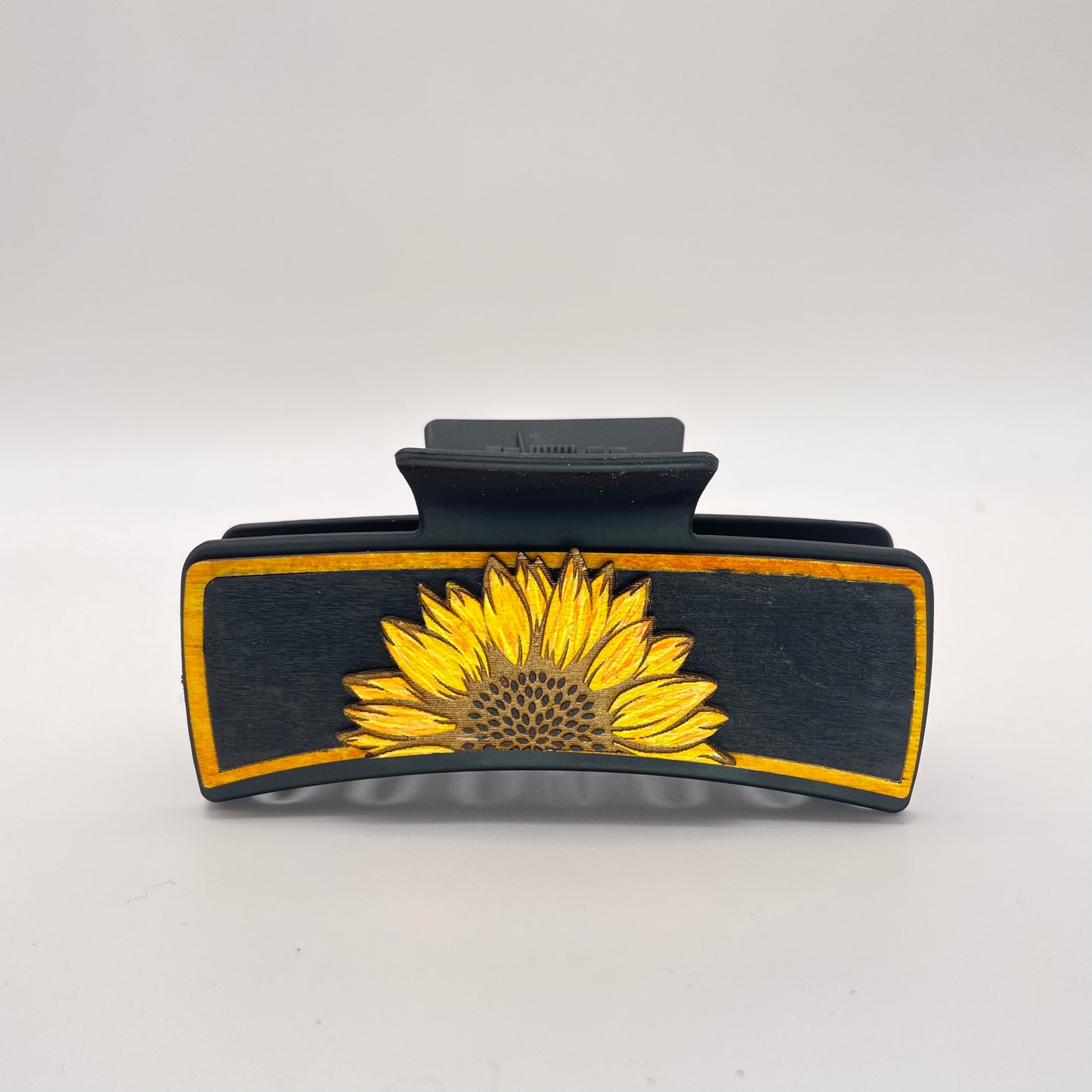 3D Single Half Sunflower Wood 4 inch Rectangle Hair Clip