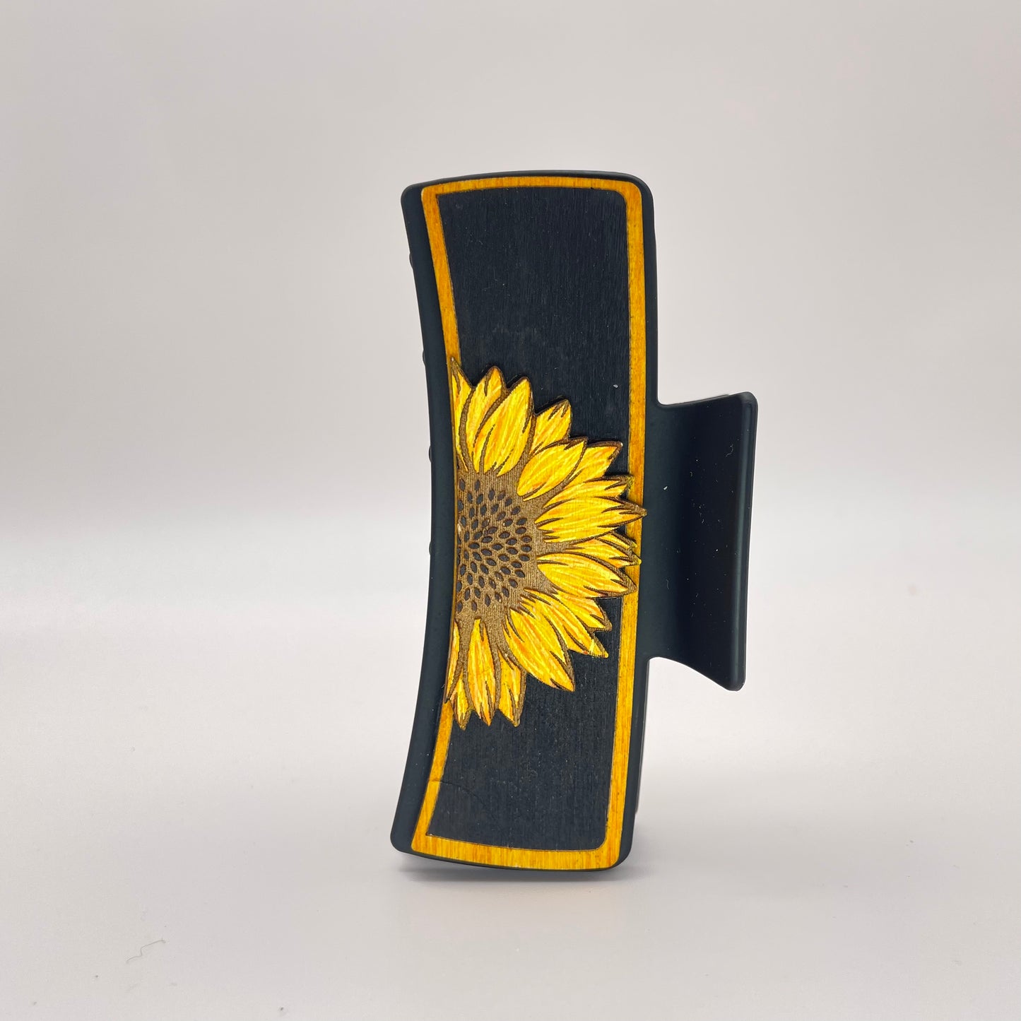 3D Single Half Sunflower Wood 4 inch Rectangle Hair Clip