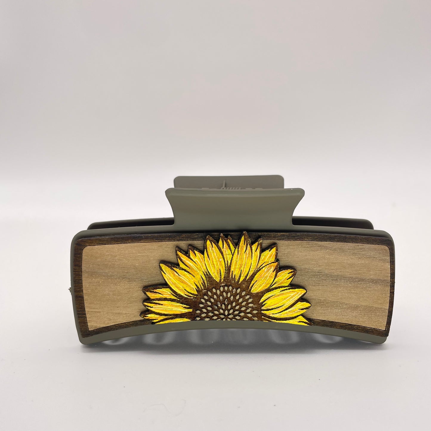 3D Single Half Sunflower Wood 4 inch Rectangle Hair Clip