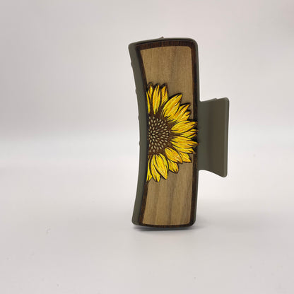 3D Single Half Sunflower Wood 4 inch Rectangle Hair Clip