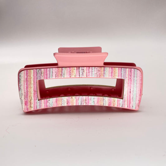 Pink Stripes Cork on Leather 4 inch Rectangle Hair Clip