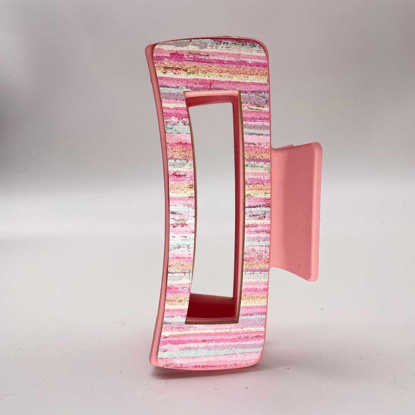 Pink Stripes Cork on Leather 4 inch Rectangle Hair Clip