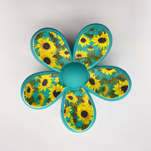 Teal Sunflowers Faux Leather Flower Hair Clip