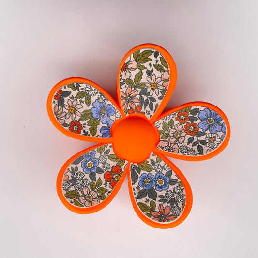 Bright Orange Floral Faux Leather Flower Hair Clip