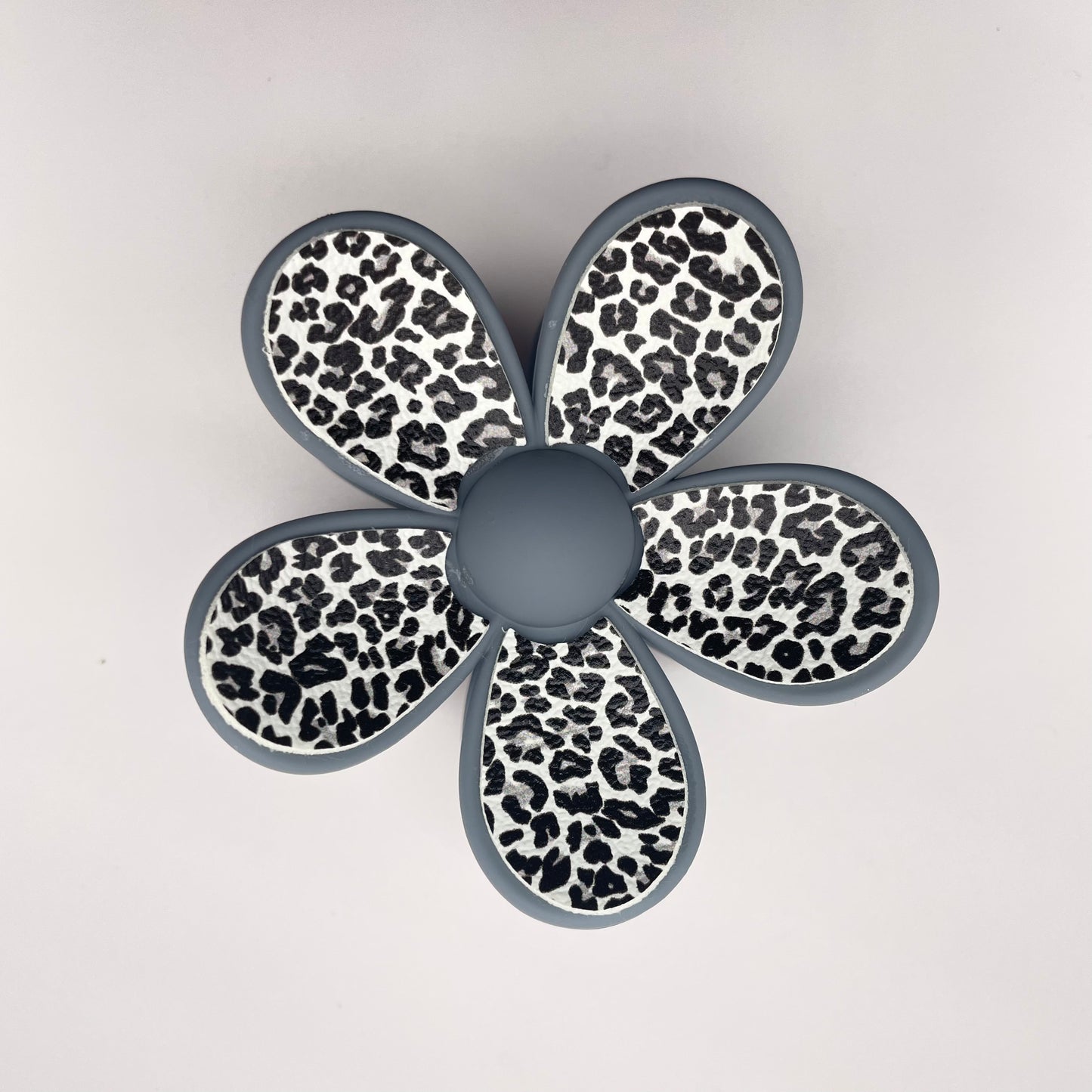 Gray Leopard Faux Leather Flower Hair Clip