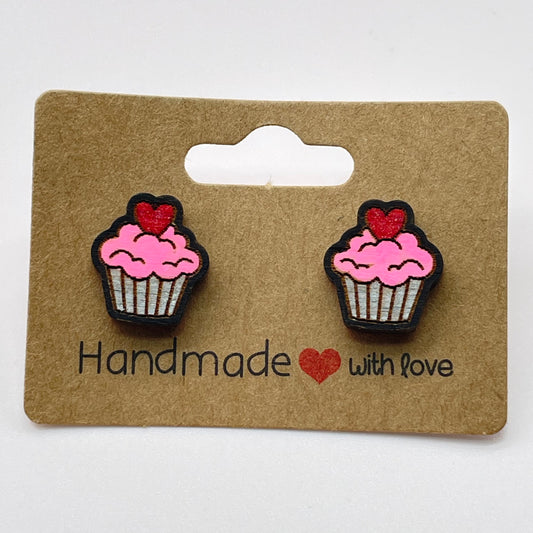 Cupcake w/ Heart Cherry on Top Stud Earrings