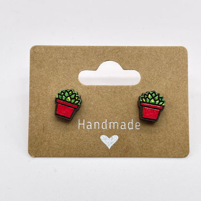 Squared Hat Pot Succulent Stud Earrings