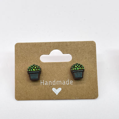 Squared Hat Pot Succulent Stud Earrings