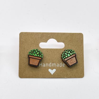 Squared Hat Pot Succulent Stud Earrings