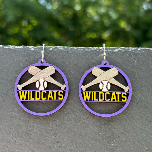 Wildcats Bats/Ball Baseball Drop Dangle Earrings