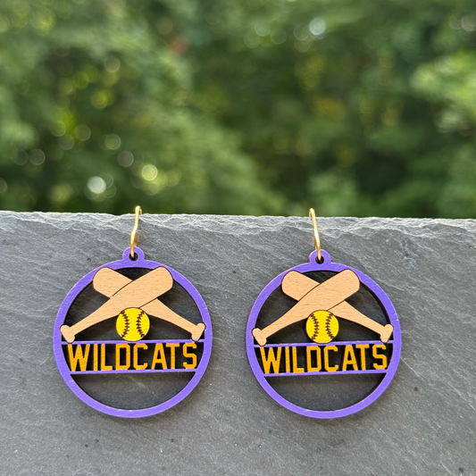 Wildcats Bats/Ball Softball Drop Dangle Earrings