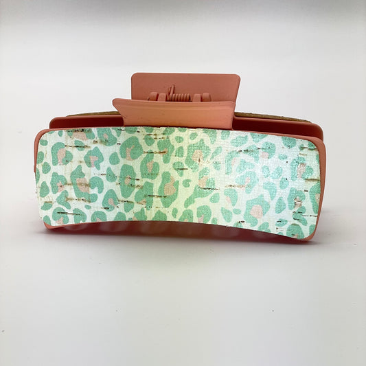 Mint & Pink Leopard Cork On Leather 4 inch Rectangle Hair Clip