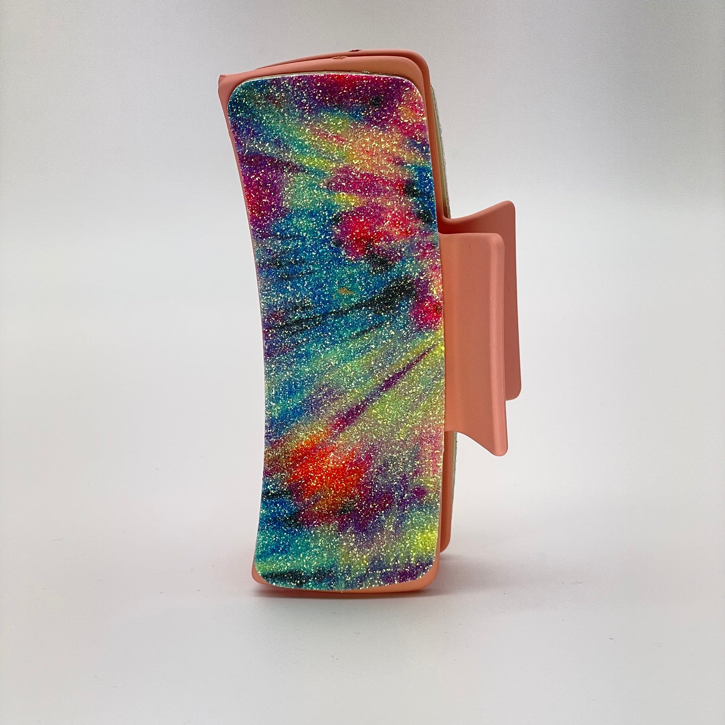 Glitter Rainbow Tie Dye Cork On Leather 4 inch Rectangle Hair Clip