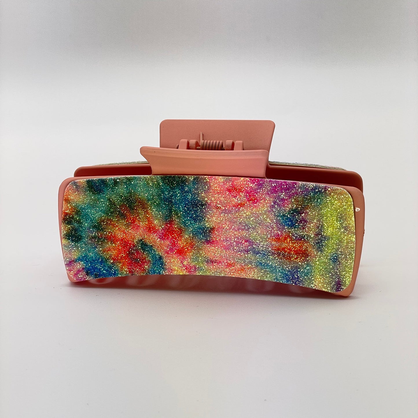 Glitter Rainbow Tie Dye Cork On Leather 4 inch Rectangle Hair Clip