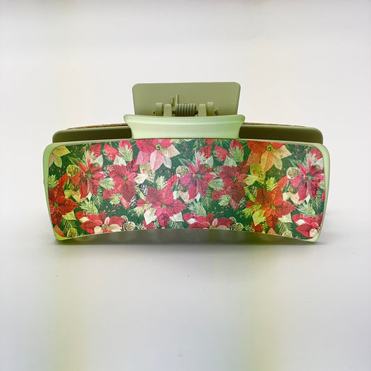 Poinsettia Cork On Leather 4 inch Rectangle Hair Clip