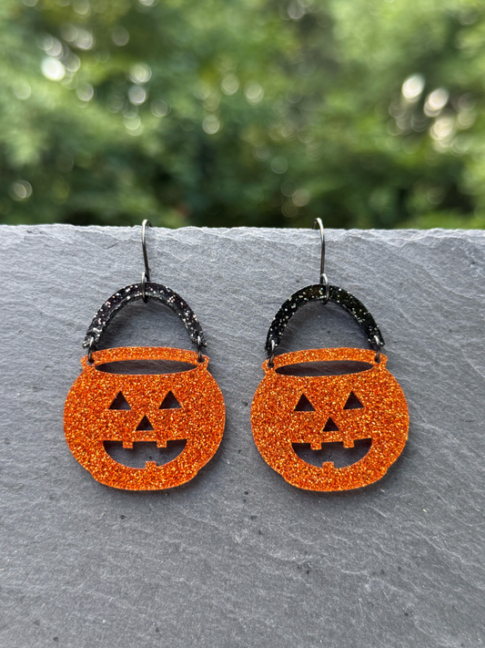 Pumpkin Treat Bucket Acrylic Drop Dangle Earrings
