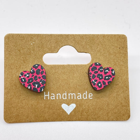 Pink Leopard Print Heart Stud Earrings