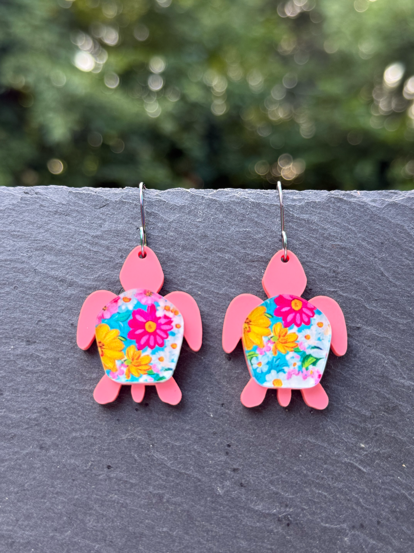 Layered Floral Turtle Acrylic Drop Dangle Earrings
