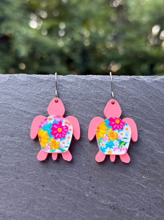 Layered Floral Turtle Acrylic Drop Dangle Earrings