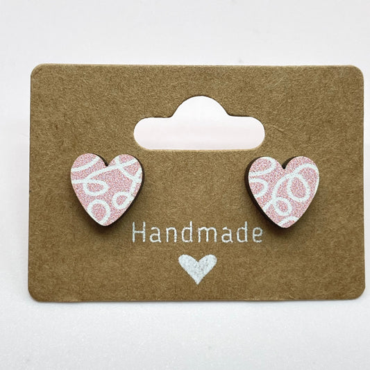 Light Pink with White Scroll Heart Stud Earrings