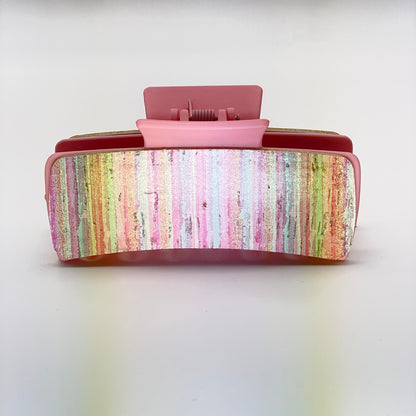 Pink Stripes Cork on Leather 4 inch Rectangle Hair Clip