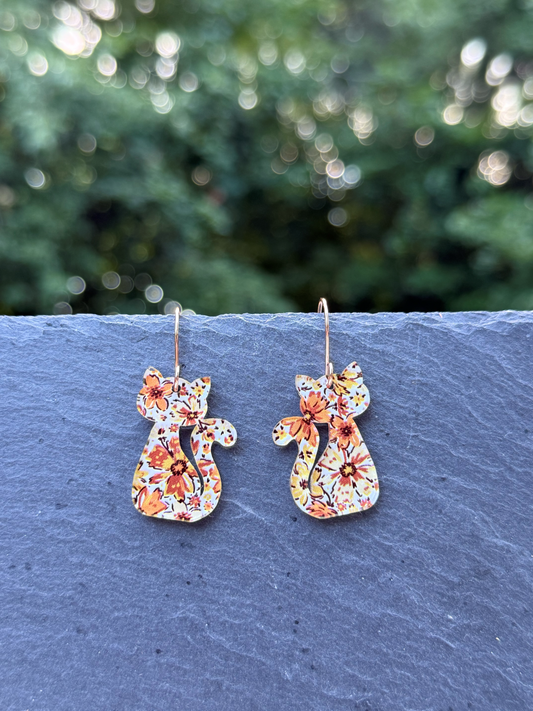 Fall Floral Patterned Cat Acrylic Drop Dangle Earrings