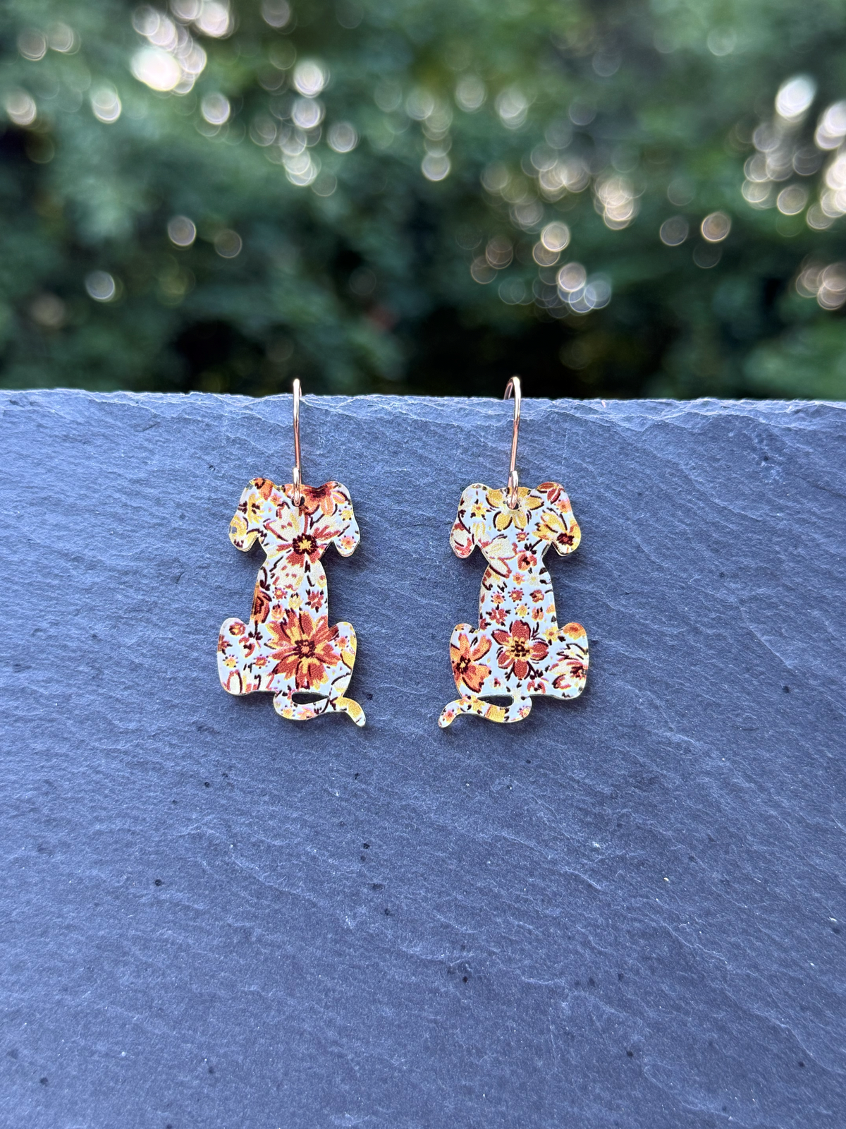 Fall Floral Patterned Dog Acrylic Drop Dangle Earrings