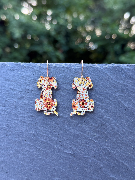 Fall Floral Patterned Dog Acrylic Drop Dangle Earrings