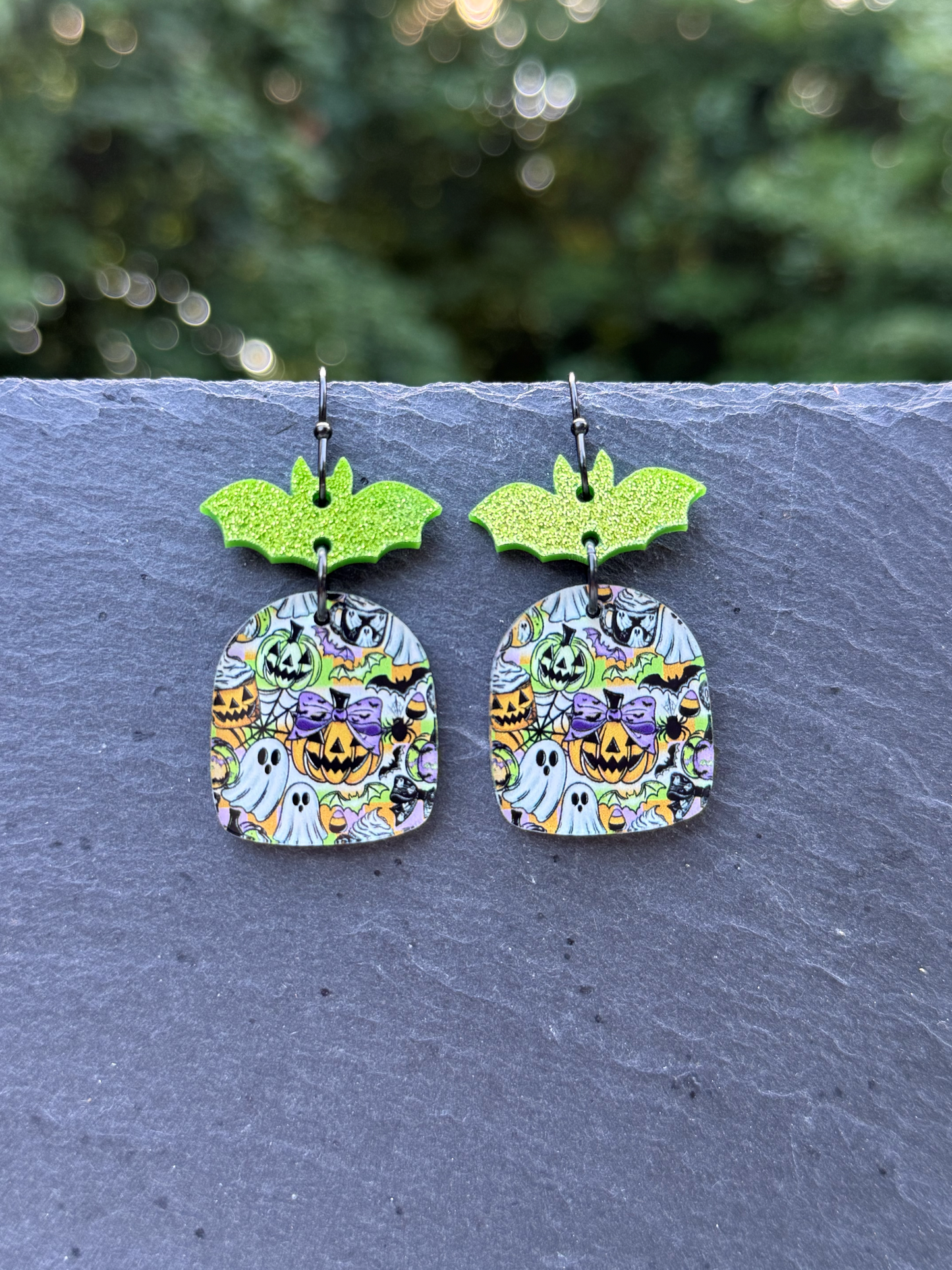 Bat Over Halloween Gang Arch Acrylic Drop Dangle Earrings