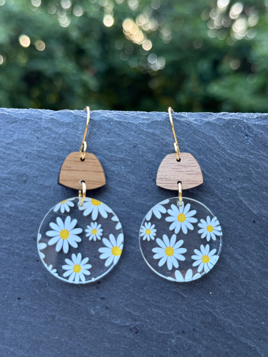 Daisy on Clear Acrylic Drop Dangle Earrings