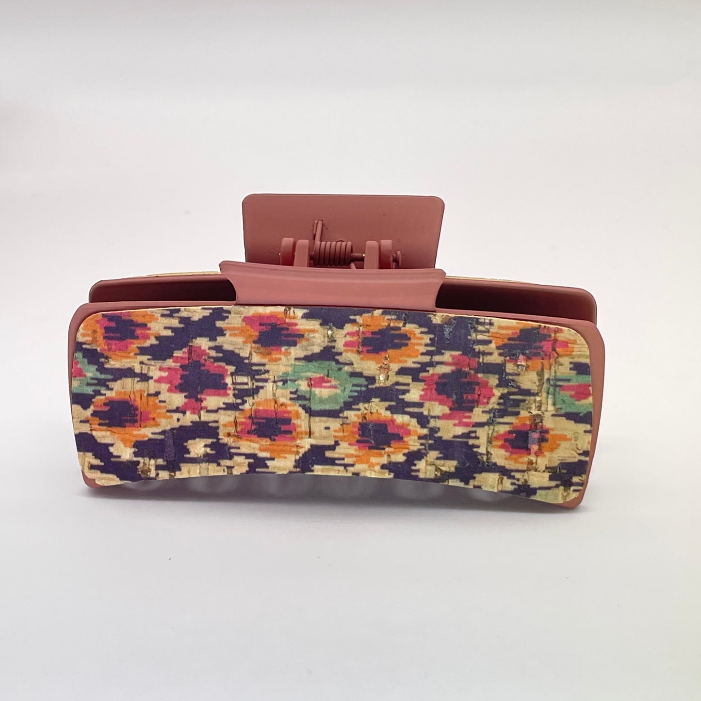 Muted Ikat Cork On Leather 4 inch Rectangle Hair Clip