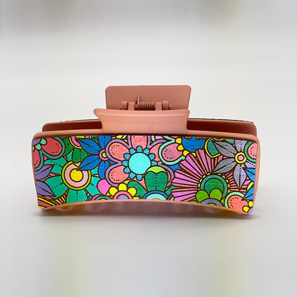 Flower Collage Wood 4 inch Rectangle Hair Clip