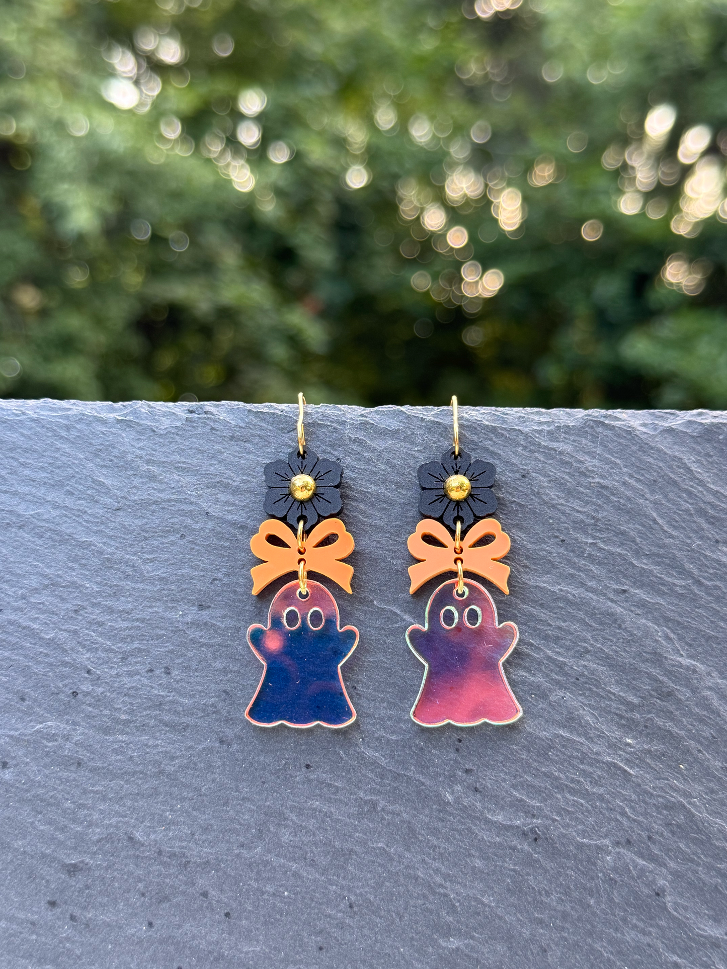 Iridescent Ghosts with Bow & Flower Acrylic Drop Dangle Earrings