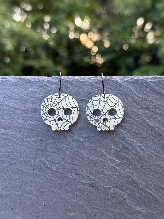 Web Covered Skull Acrylic Drop Dangle Earrings