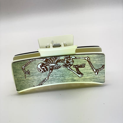 Dancing Skeleton Wood 4 inch Rectangle Hair Clip