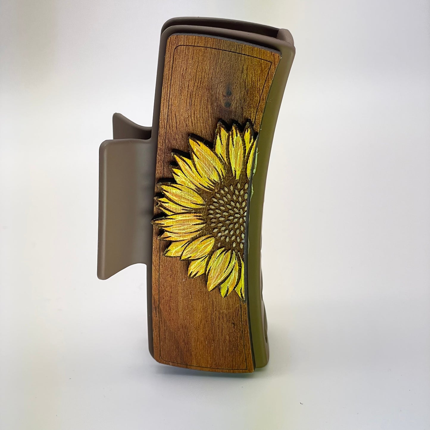 3D Single Half Sunflower Wood 4 inch Rectangle Hair Clip