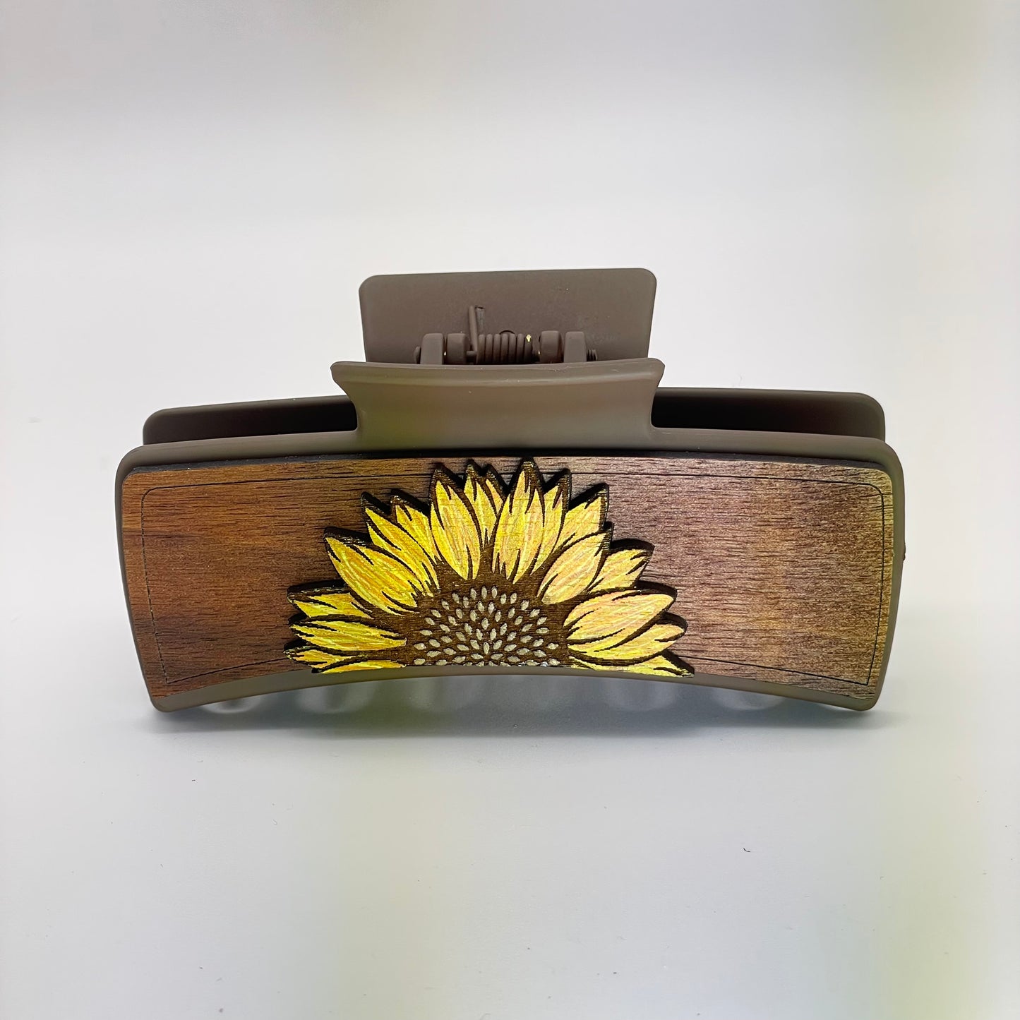 3D Single Half Sunflower Wood 4 inch Rectangle Hair Clip