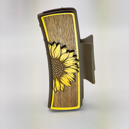 3D Single Half Sunflower Wood 4 inch Rectangle Hair Clip